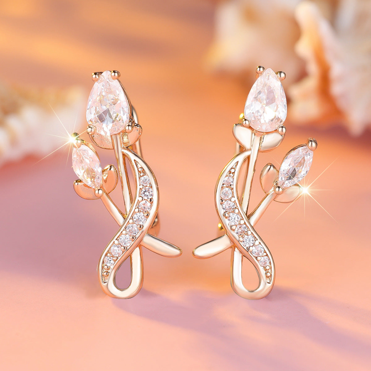 Luxury Flower Bouquet Champagne Tulip Full Diamond Earrings